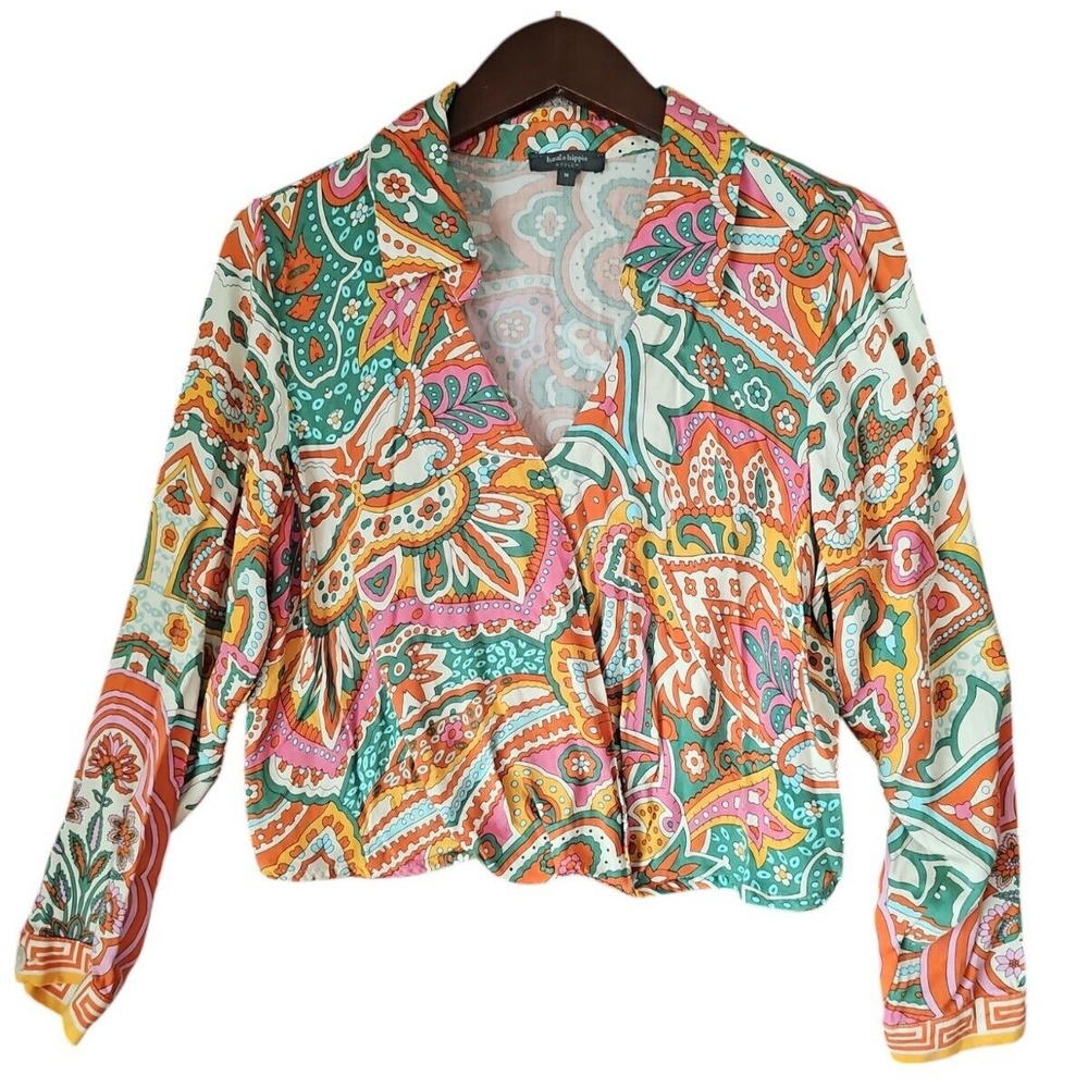 HAUTE HIPPIE Orange Multi Crop Blouse Surplice Collared V Neck Long Sleeves M